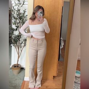 Showpo flare split hem trousers in stone beige